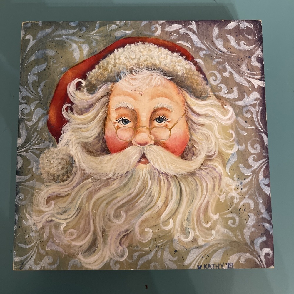 Handpainted Christmas Santa Acrylic On Wood Artist Signed Size 6"x6"x2"